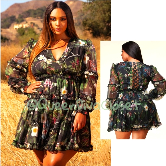 Floral lace up back chiffon ruffle long sleeve plus dress - Picture 1 of 9